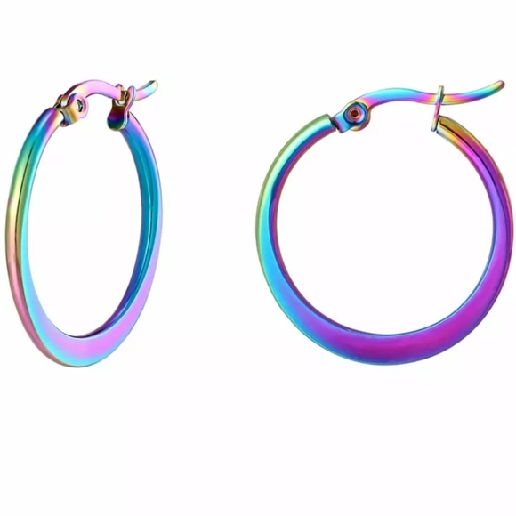 Rainbow Hoop Earrings Round Iridescent  Earrings Stainless Steel NWT - Picture 4 of 4